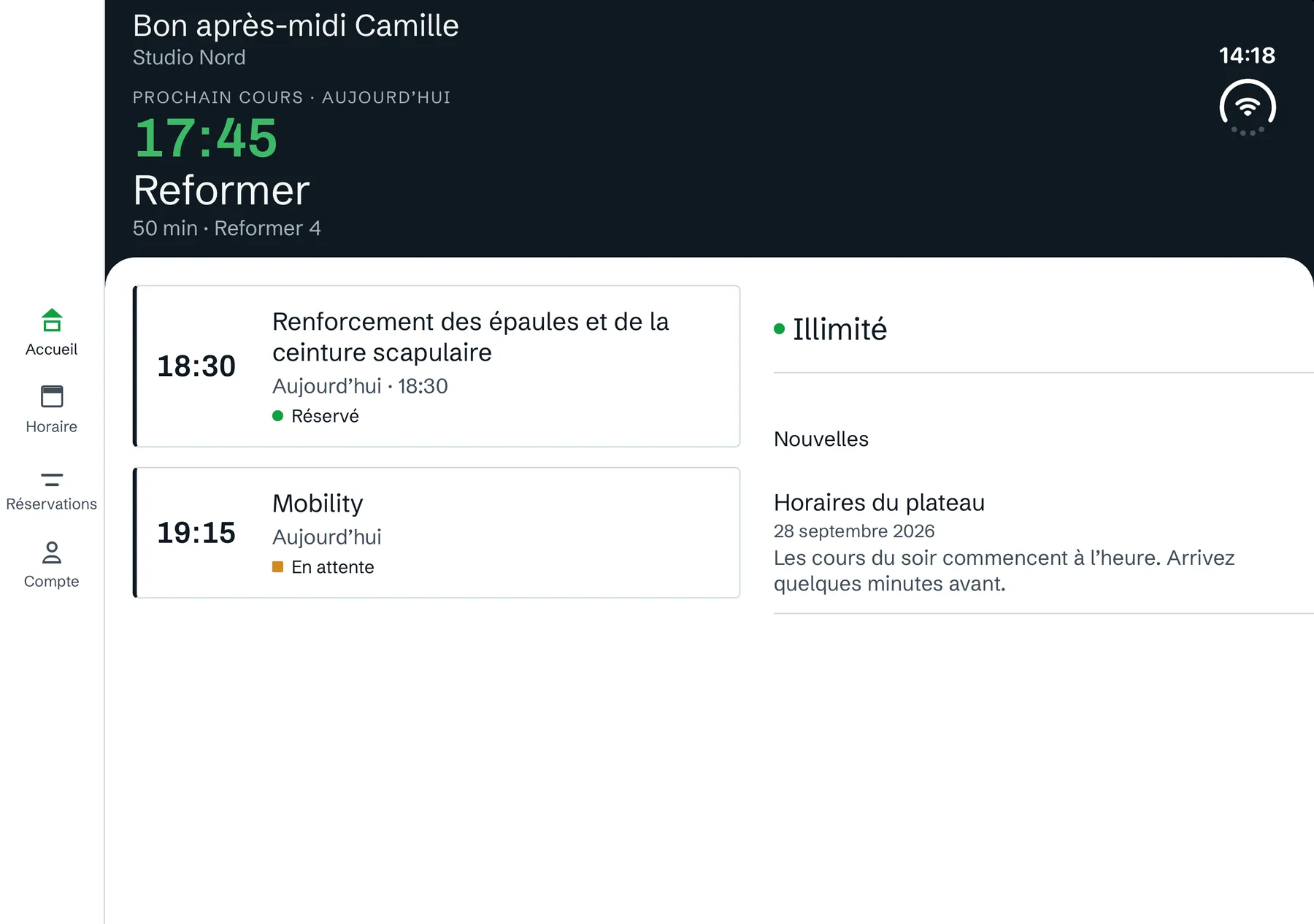 Accueil Keeviv sur l’écran intérieur d’un iPhone Duo, au simulateur : les cours du jour à gauche, l’abonnement à droite. Données d’exemple. Le passage d’un écran à l’autre n’est pas certifié.