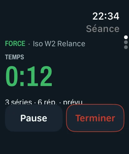 Exemple Apple Watch : chrono d’une séance Actif. Illustration de l’entraînement, pas une fiche de magasin.